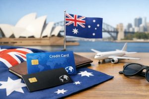 A high-resolution scene featuring credit cards placed on an Australian flag alongside a passport, with a small Australian flag, a model airplane, and sunglasses in the foreground. The Sydney Opera House and Harbour Bridge appear blurred in the background, symbolising travel and finance. This image conveys the concept of credit cards in an international context, highlighting International Credit Cards in Australia: Current Advantages and Challenges, including convenience, global access, and potential financial considerations for travellers and residents.