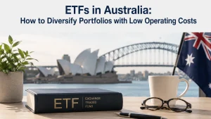 Minimalist and realistic financial workspace themed around investments in Australia, featuring the title “ETFs in Australia: How to Diversify Portfolios with Low Operating Costs” at the top. On a clean wooden desk, there is a dark blue ETF reference book, eyeglasses, a coffee mug, and a pen, with soft natural lighting. In the blurred background, the Sydney Opera House and Sydney Harbour Bridge symbolize the Australian market and diversified investments with low-cost ETFs.